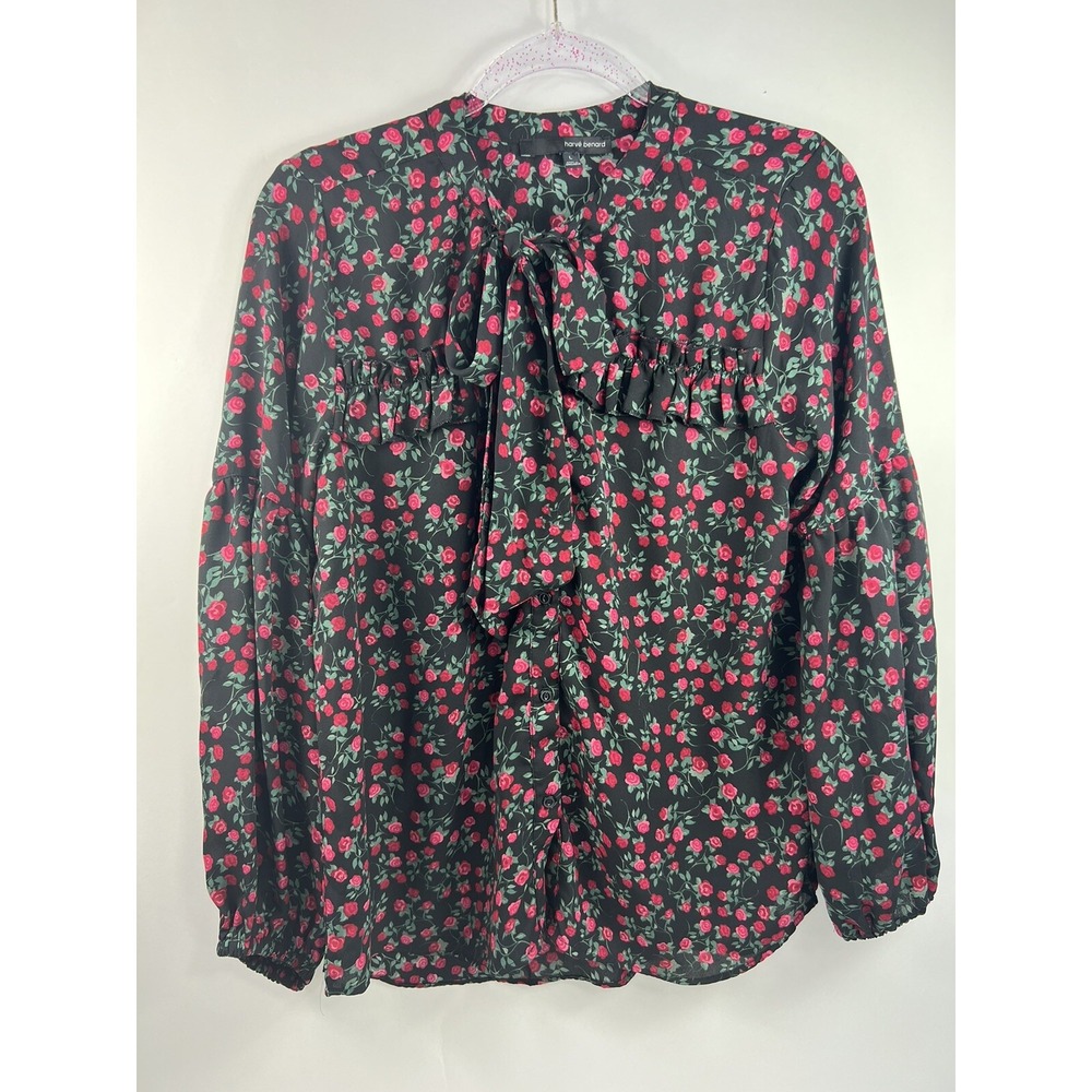 Harve Benard Blouse Women's Sz L‎ Black/Red Flowers Tie At Neck Long Sleeve